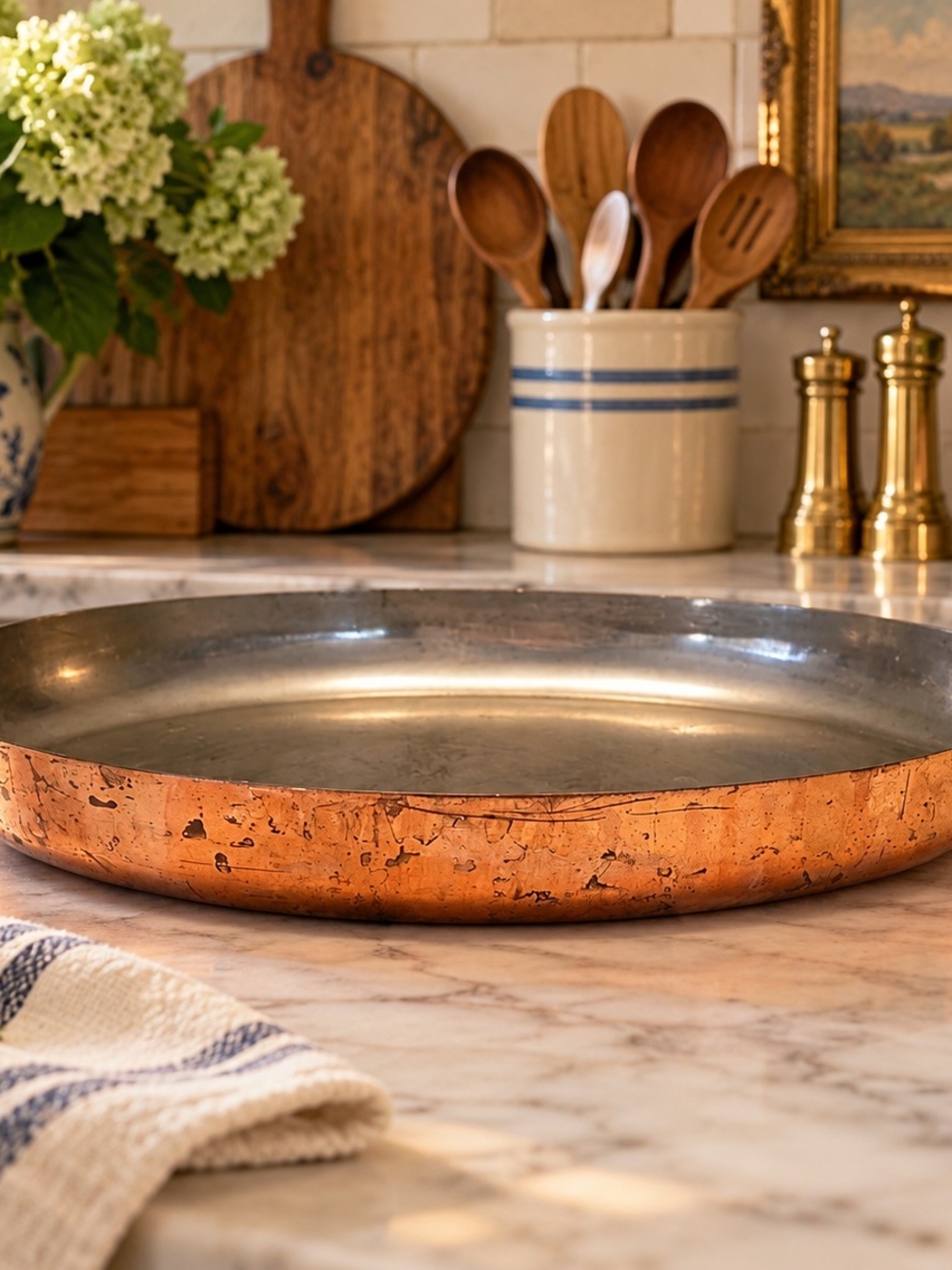 Vintage Copper And Tin Au Gratin Dish With Brass Handles